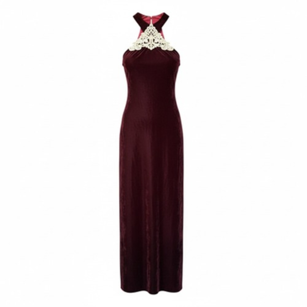 Vintage Jessica McClintock Dress Womens 6 Red Velvet Halter Lace Slit Formal